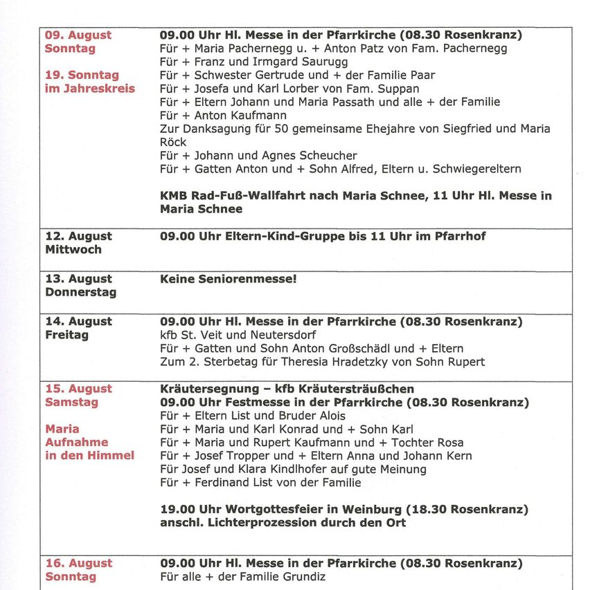 A schedule of church services and events for August, including masses, a funeral, and a blessing ceremony, with details on participants and times.