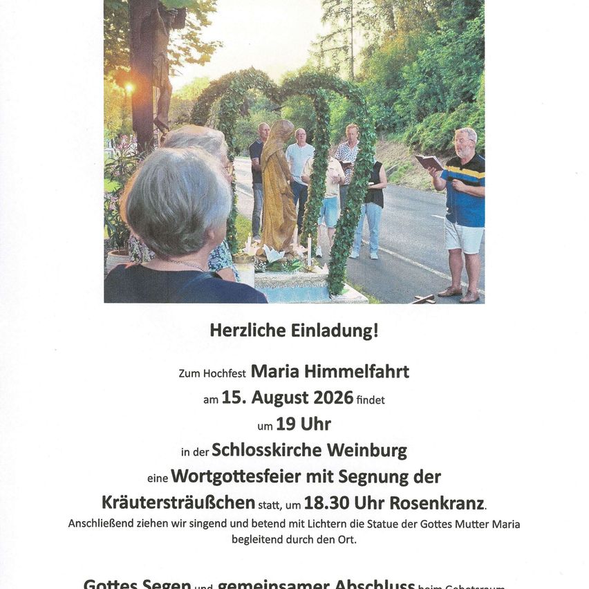A flyer for the Maria Himmelfahrt festival on August 15, 2026, at 7 PM, featuring a group of people gathered around a statue, with a man reading a book and others standing in front of a wreath. The event includes a blessing of herbs and singing.