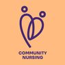 Ein Logo für Community Nursing. Es zeigt eine stilisierte Darstellung von zwei Menschen, einer über dem anderen, verbunden durch eine Herzform, alles in Lila auf einem orangefarbenen Hintergrund. Der Text lautet 'COMMUNITY NURSING'.