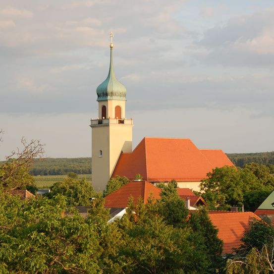 Eine Kirche mit grüner Kuppel und orangem Dach steht hoch oben zwischen Bäumen und Häusern unter einem bewölkten Himmel.