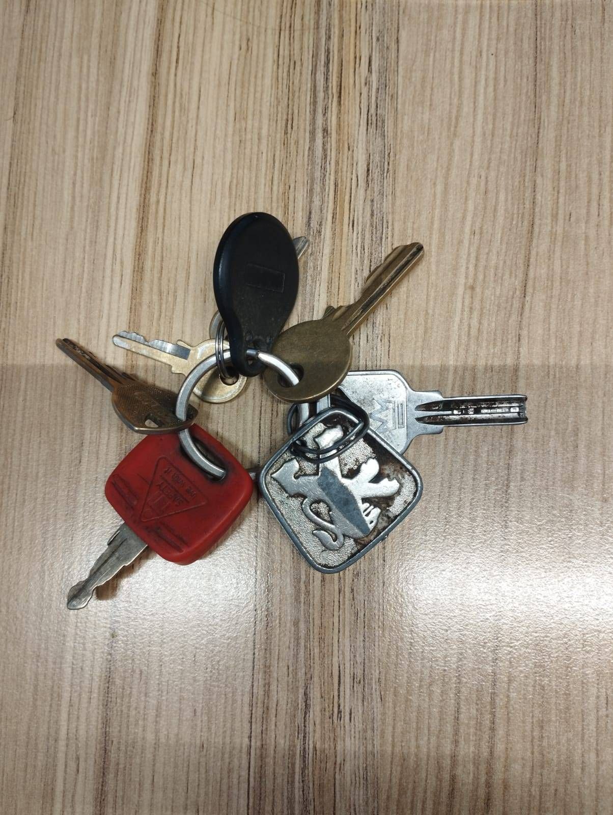 Mehrere Schlüssel liegen auf einer Holzoberfläche. Ein roter Schlüssel mit Logo und mehrere silberne Schlüssel mit Schlüsselanhänger.