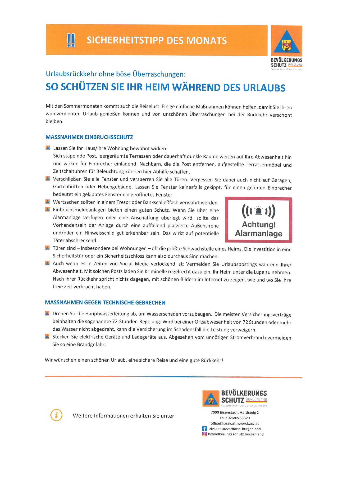 Das Dokument gibt Tipps zum Schutz des Hauses während des Urlaubs. Es empfiehlt, Türen und Fenster zu verschließen, Wertsachen zu verstecken und Urlaubspostings in sozialen Medien zu vermeiden. Es rät auch, die Hauptwasserleitung abzudrehen und elektrische Geräte abzustecken.