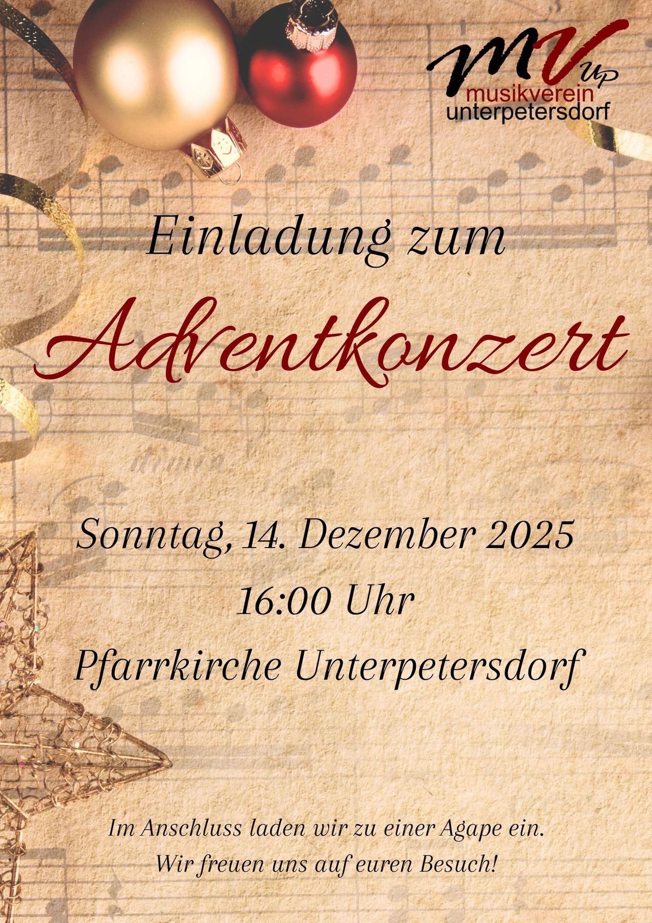 Eine Einladungskarte für ein Adventkonzert. Es steht 'Einladung zum Adventkonzert' mit dem Datum Sonntag, 14. Dezember 2025, um 16:00 Uhr, und der Ort ist Pfarrkirche Unterpetersdorf.