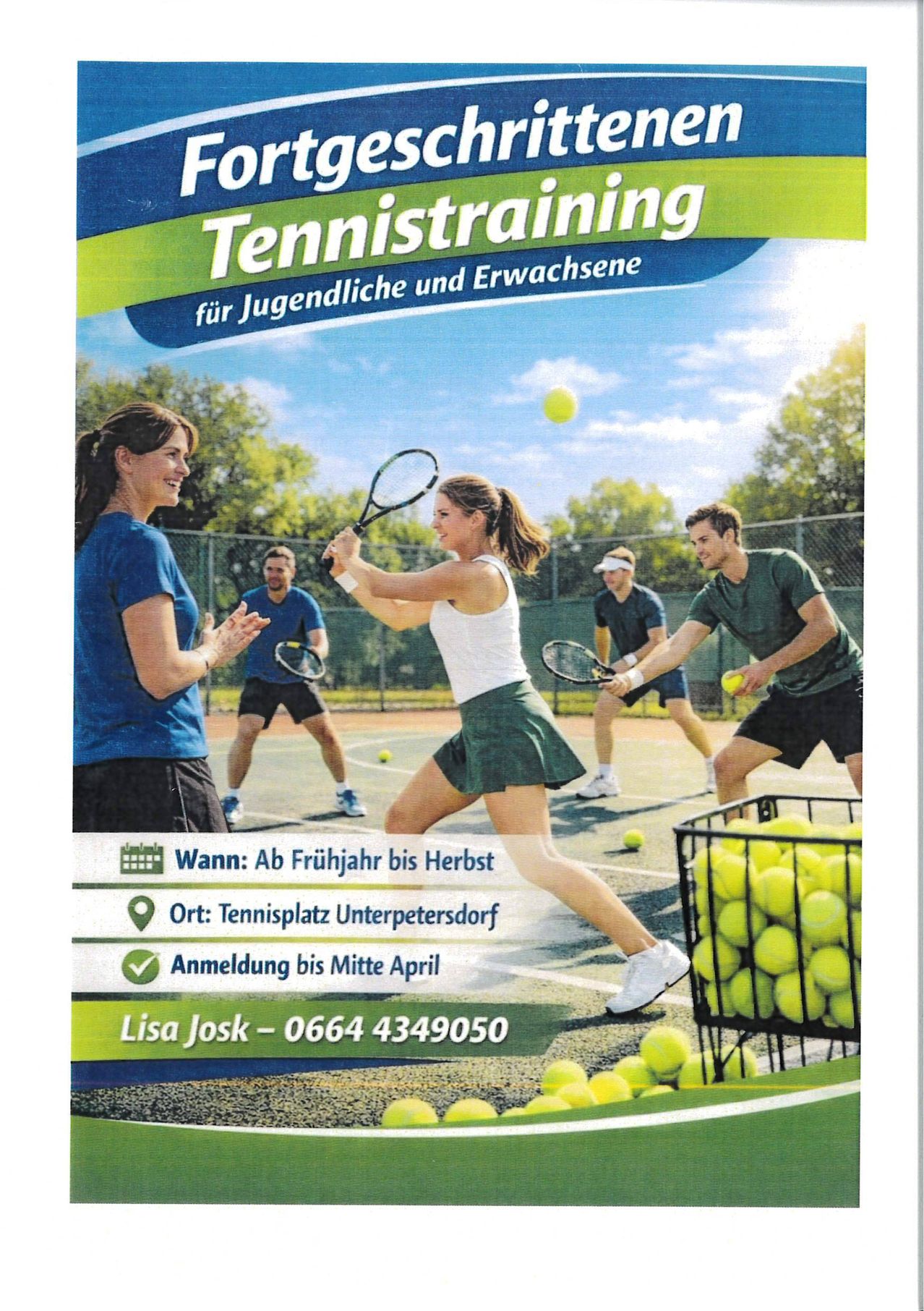 A poster shows a group of people playing tennis. The woman in front hits a ball with a racket. It is a training advertisement for young people and adults.