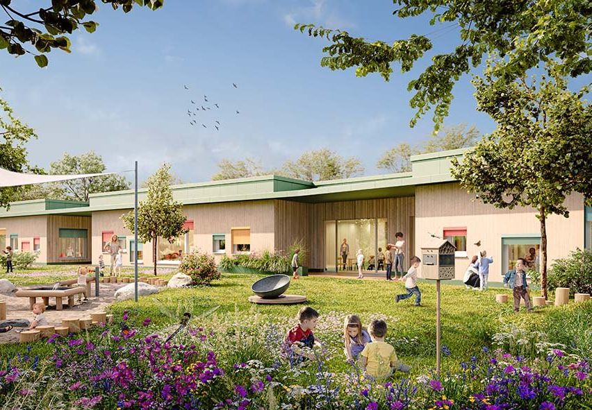 Visualisierung der Gartenansicht des neuen Kindergartens