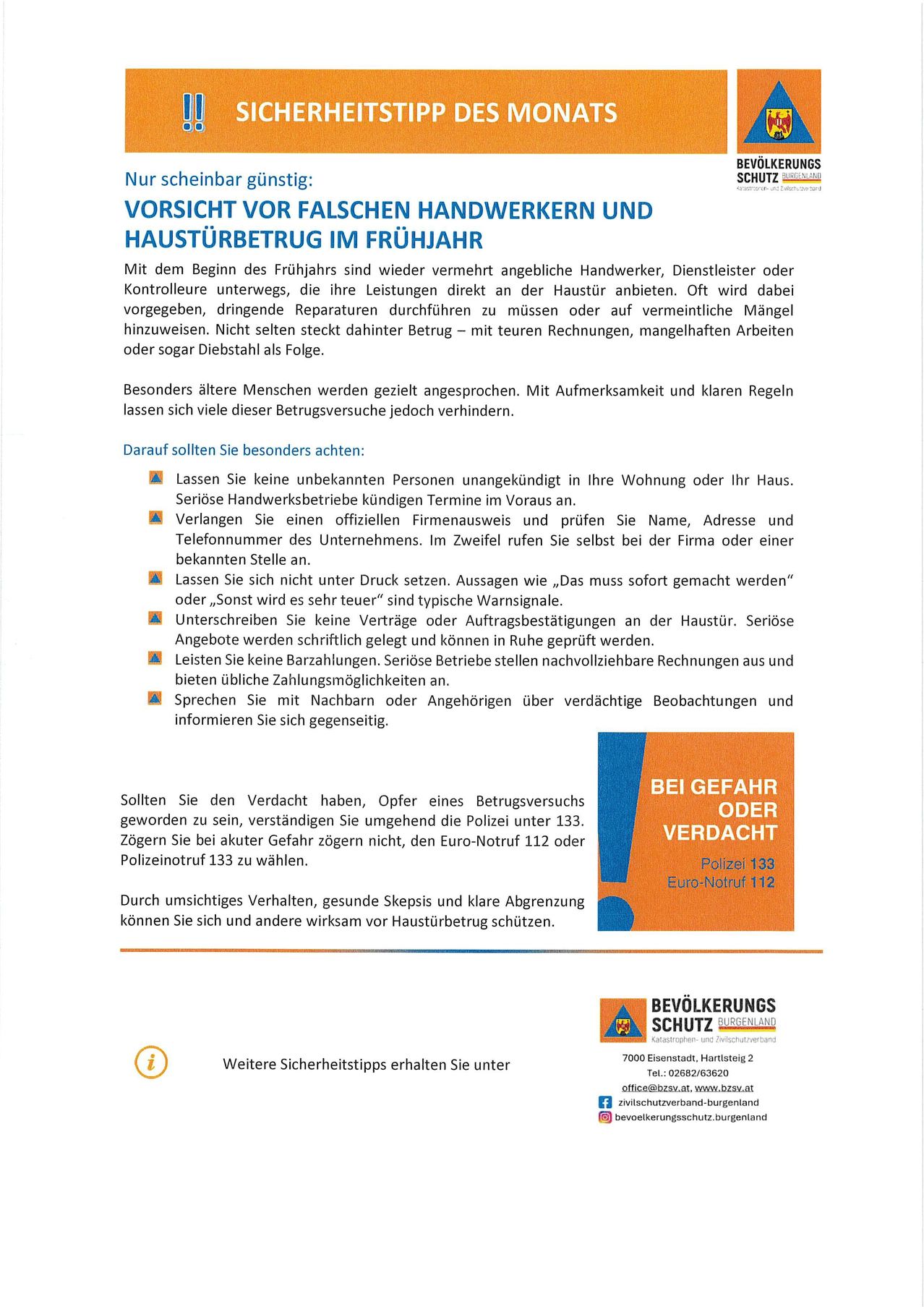 Das Bild warnt vor falschen Handwerkern und Haustürbetrug im Frühjahr. Es rät davon ab, unbekannte Personen in das Haus zu lassen, die Details des Unternehmens zu überprüfen und sich nicht unter Druck zu setzen. Es empfiehlt auch, Nachbarn über verdächtige Aktivitäten zu informieren.