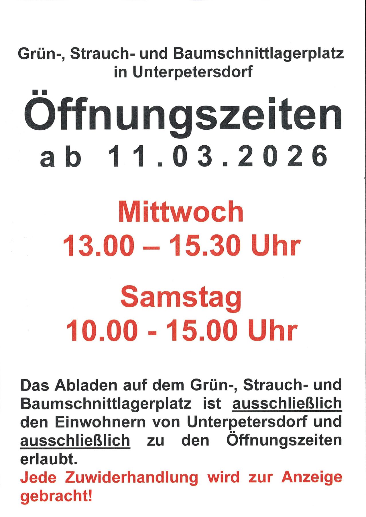 Plakat mit Öffnungszeiten für einen Grün-, Stroh- und Baumschnittplatz. Geöffnet ab 11.03.2026, Mittwoch 13:00-15:30 Uhr, Samstag 10:00-15:00 Uhr. Exklusiv für Einwohner von Unterpetersdorf.