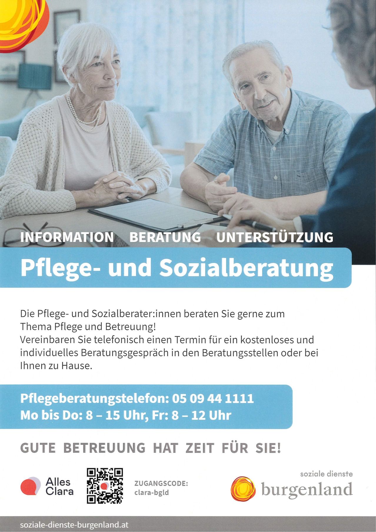 An elderly couple consults with a social advisor in a well-lit room. The advisor is seated at a table with a tablet and a folder. The text on the image highlights 'Pflege- und Sozialberatung' and provides a phone number for appointments.