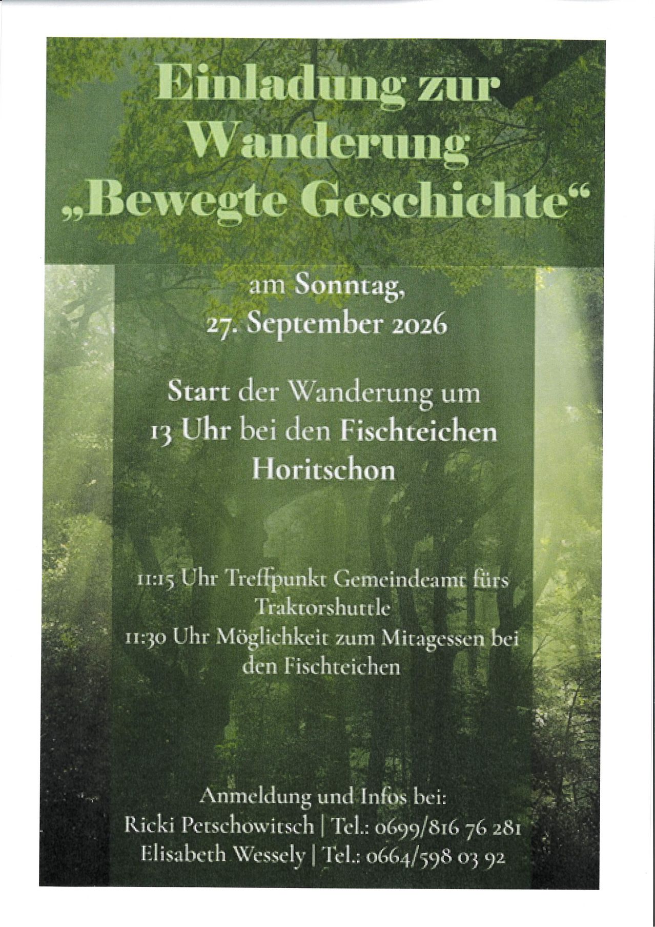 Poster for a hiking event titled 'Wanderung bewegte Geschichte' on Sunday, September 27, 2026. The hike starts at 1 PM at the Fischteichen Horitschon. Meeting point at 11:15 AM at the Gemeindeamt for the tractor shuttle. Lunch option at 11:30 AM at the Fischteichen.