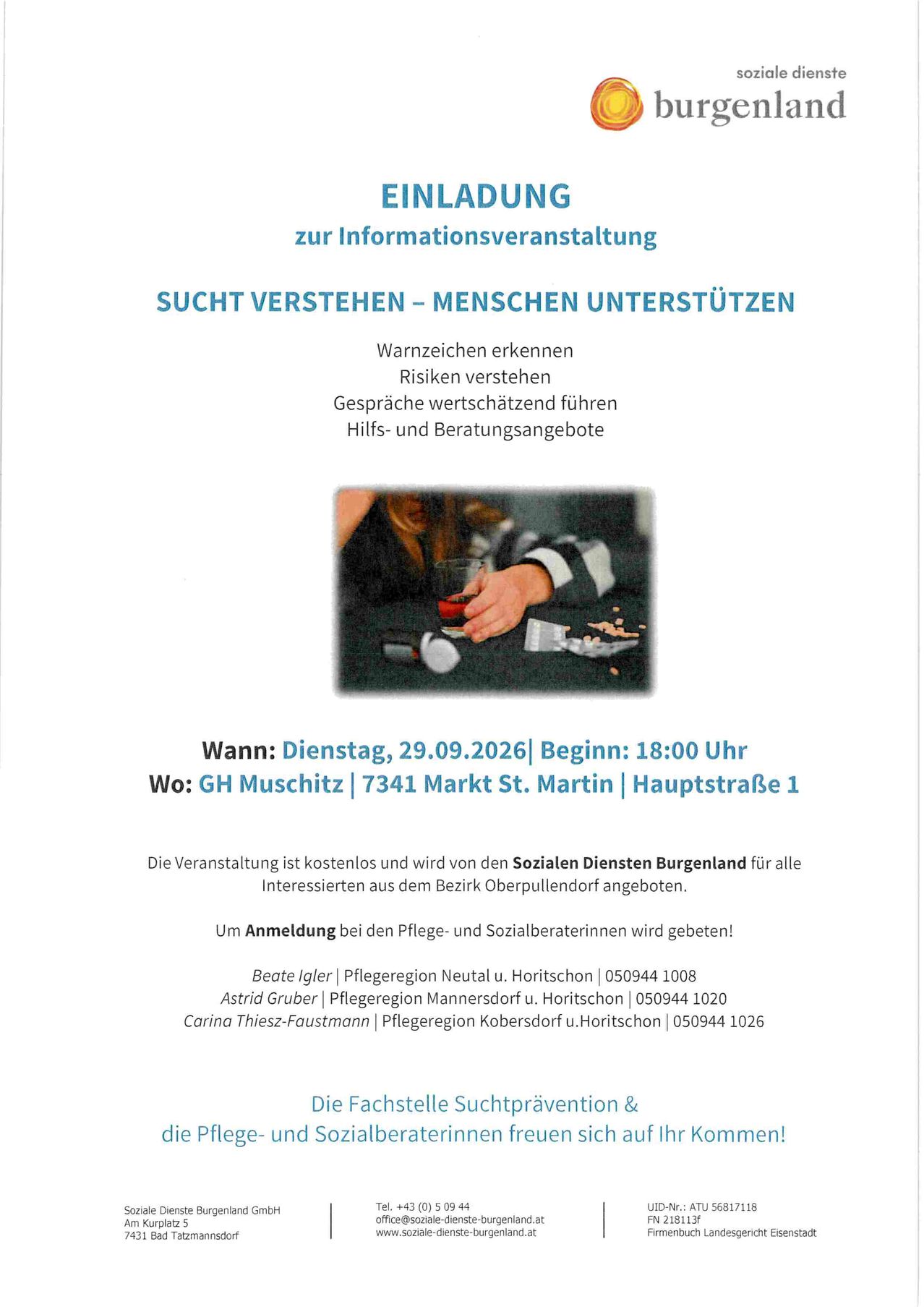 Ein Informationsposter mit einem Bild einer Hand, die ein Glas mit Pillen hält. Der Text lautet 'Einladung zur Informationsveranstaltung' und 'Sucht verstehen - Menschen unterstützen'. Unten ist ein Zeitplan für eine Veranstaltung am 29. September 2026 um 18:00 Uhr.
