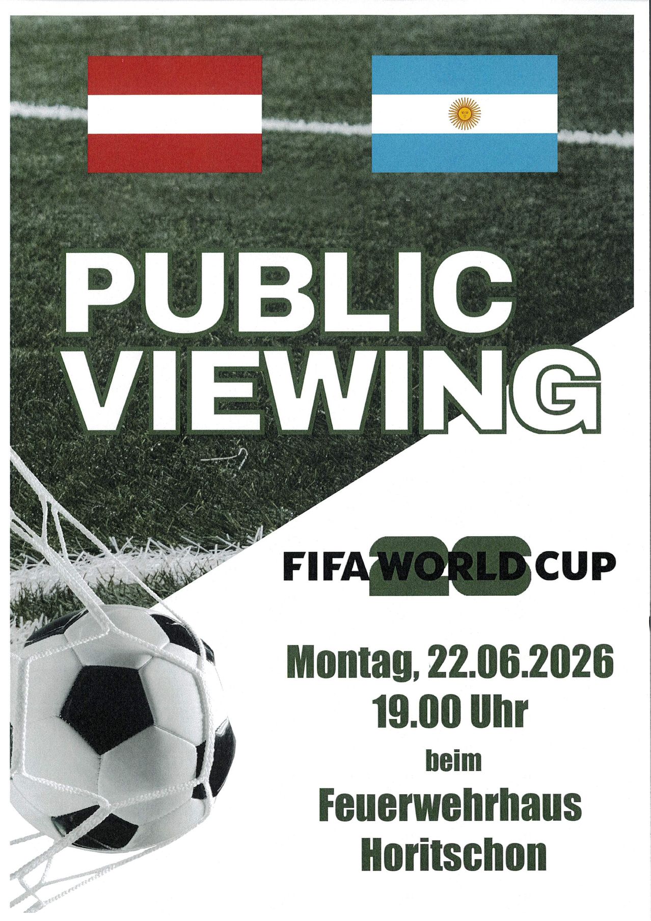 Plakat für öffentliches Ansehen des FIFA-Weltcup-Spiels. Datum ist Montag, 22.06.2026. Zeit ist 19:00 Uhr. Fußball unten links.