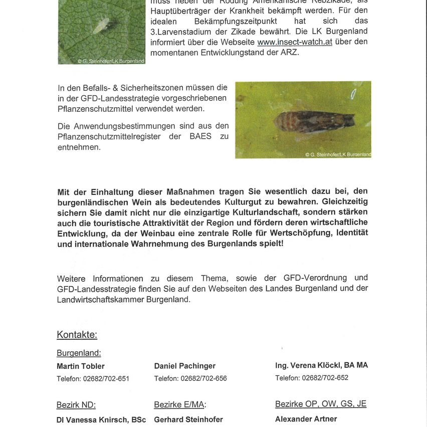 Ein Dokument über Pflanzenschutzmaßnahmen, einschließlich Details zur Verwendung von Pflanzenschutzmitteln und deren Registrierung. Es betont die Bedeutung der Erhaltung des burgenländischen Weins als bedeutendes kulturelles Gut, unterstützt den regionalen Tourismus und die wirtschaftliche Entwicklung. Es bietet auch Kontaktinformationen für weitere Anfragen.