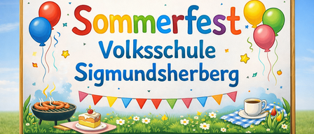 Illustration eines Schildes für ein Sommerfest an der Sigmundsherberg Volksschule mit Luftballons, einem Grill, Kuchen und Kaffee auf einer Picknickdecke.