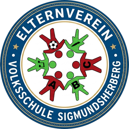 Das Logo des Eltervereins Volkschule Sigmundsberg zeigt ein kreisförmiges Design mit verschiedenen bunten Figuren um einen Fußball. Es enthält den Text 'Elterverein' oben und 'Sigmundsberg' unten.