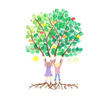 Eine Illustration eines Baumes mit bunten Blättern und zwei Kindern, die an seinen Ästen hängen, wobei eines einen Stern und das andere eine Sonne hält.