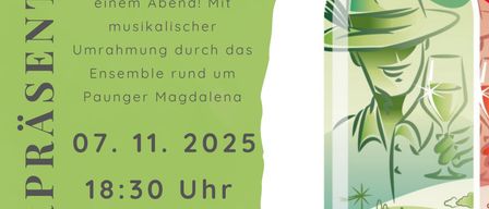 Plakat für eine Weinpräsentation am 7. November 2025 um 18:30 Uhr. Es zeigt eine Illustration eines Mannes in einem Hut mit einem Weinglas und erwähnt Feinster Junker, edel Mode und festliche Stimmung. Der Veranstaltungsort ist Gasthof Kraxner.
