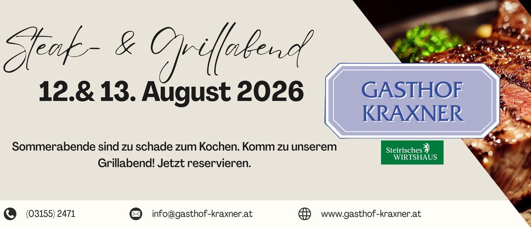 Werbung für Gasthof Kraxner mit einem Nahaufnahme eines saftigen Steaks mit Kräutern, begleitet von einem Logo und einer Website-Adresse.