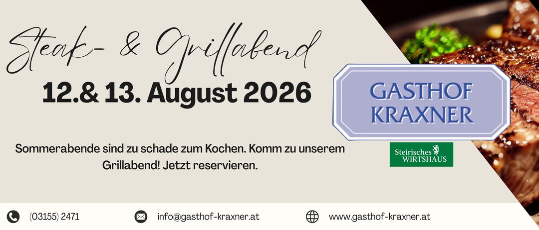 Werbung für Gasthof Kraxner mit einem gut gegrillten Steak und grüner Beilage, begleitet von der Website www.gasthof-kraxner.at.