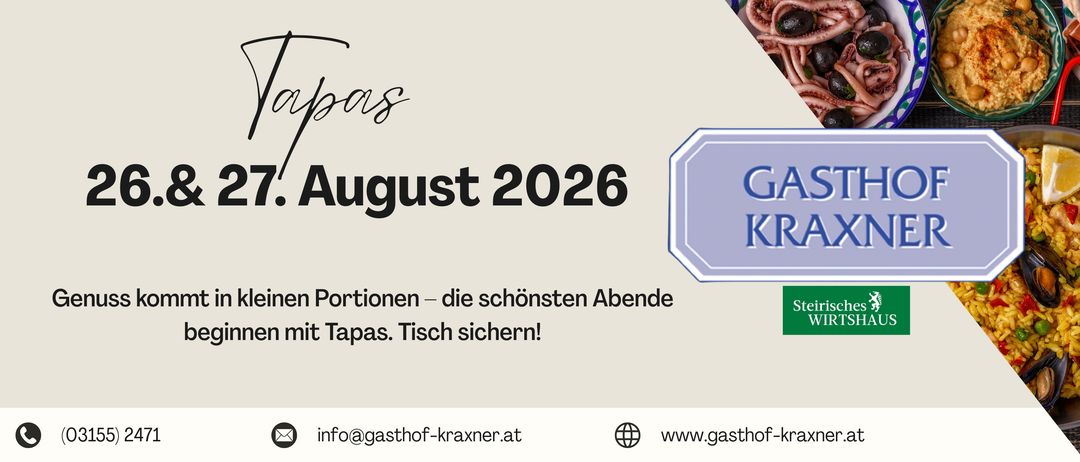 Ein Werbebild für Gasthof Kraxner mit einer Auswahl an Gerichten wie Oktopus, Hummus und Paella mit Muscheln und Zitrone. Das Logo von Steirisches Wirtshaus ist ebenfalls zu sehen.