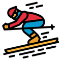 Eine Illustration eines Skifahrers in roter, blauer und gelber Ausrüstung, der auf schwarzem Hintergrund einen Hang hinunterfährt.