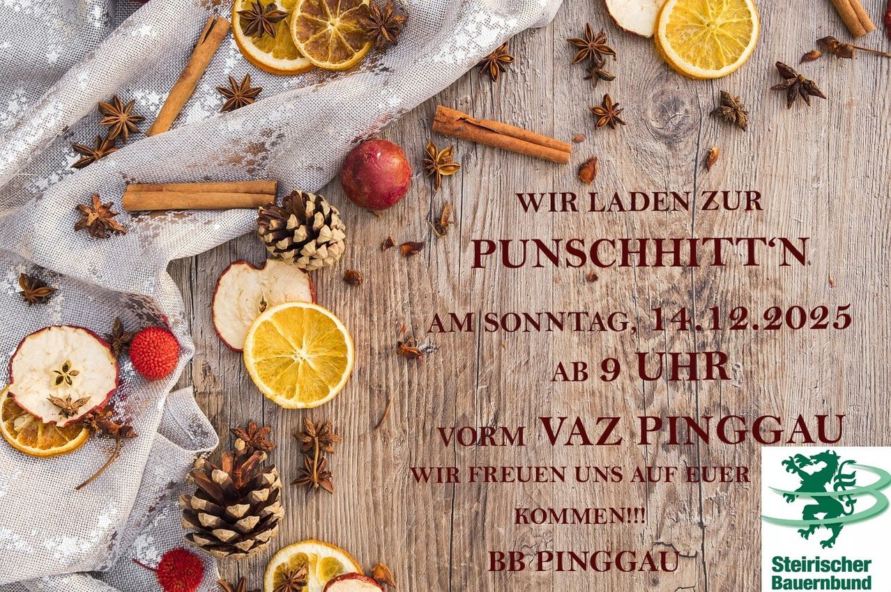 Ein Holztisch zeigt eine festliche Anordnung von geschnittenen Orangen, Zimtstangen und Sternanis. Ein Tuch ist über einen Teil des Tisches gelegt. Das Bild hat einen deutschen Text-Overlay, der lautet: 'Wir laden zu Punchhitt am Sonntag, 14.12 ab 9 Uhr vor VAZ PING. Wir freuen uns auf Euch. BB PINGGAU.'