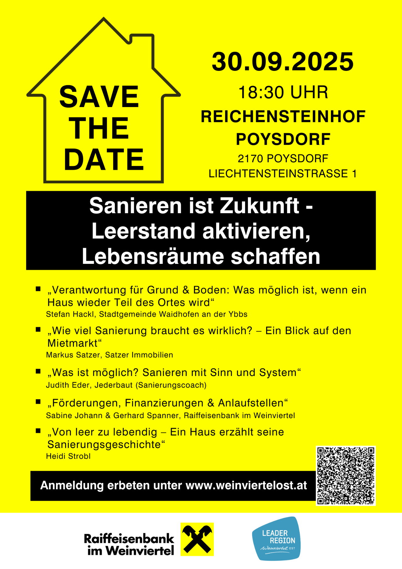 Ein Veranstaltungsplakat für Reichensteinhof Poysdorf, Liechtensteinstrasse 1, 2170 Poysdorf. Die Zeit ist 18:30. Zu den Rednern gehören Stefan Hackl, Markus Sattler, Judith Eder, Sabine Johann, Gerhard Spanner und Heidi Strobl.
