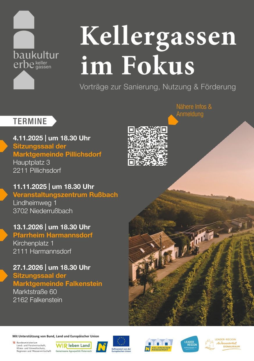 Plakat für 'Baukultur Erbe Keller Gassen' mit vier Terminen für Veranstaltungen zu Sanierung, Nutzung und Förderung. QR-Code und Kontaktdaten enthalten.