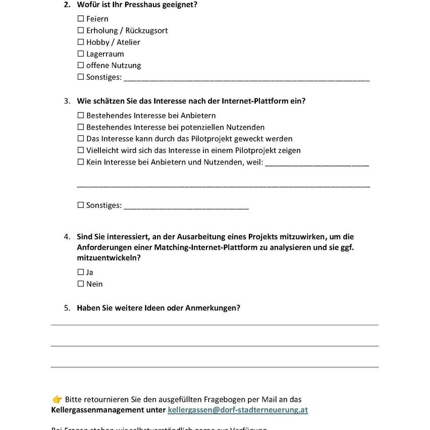 Ein Fragebogen erfragt nach dem Zweck eines Pressehauses, Interesse an Internetplattformen, Bereitschaft zur Teilnahme an Projektentwicklungen und weiteren Ideen oder Anmerkungen. Er enthält Abschnitte für verschiedene Interessen und bietet eine E-Mail-Adresse zur Rücksendung des ausgefüllten Formulars.