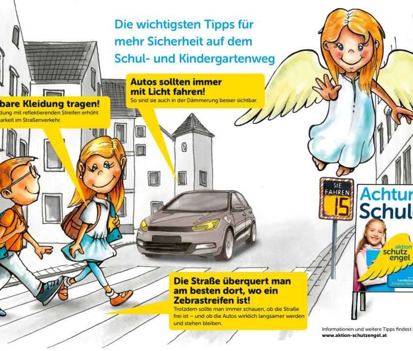 Ein illustriertes Plakat mit Kindern auf dem Weg zur Schule. Es betont Sicherheitstipps wie das Überqueren der Straße an Zebrastreifen und langsames Fahren der Autos. Es wird auch das Tragen reflektierender Kleidung erwähnt.