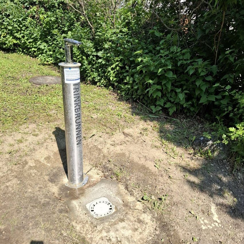 Ein Edelstahlbrunnen mit dem Wort Trinkbrunnen darauf steht auf einem Betonsockel in einem Grasbereich. Dahinter befinden sich Büsche und ein Schatten auf dem Boden.