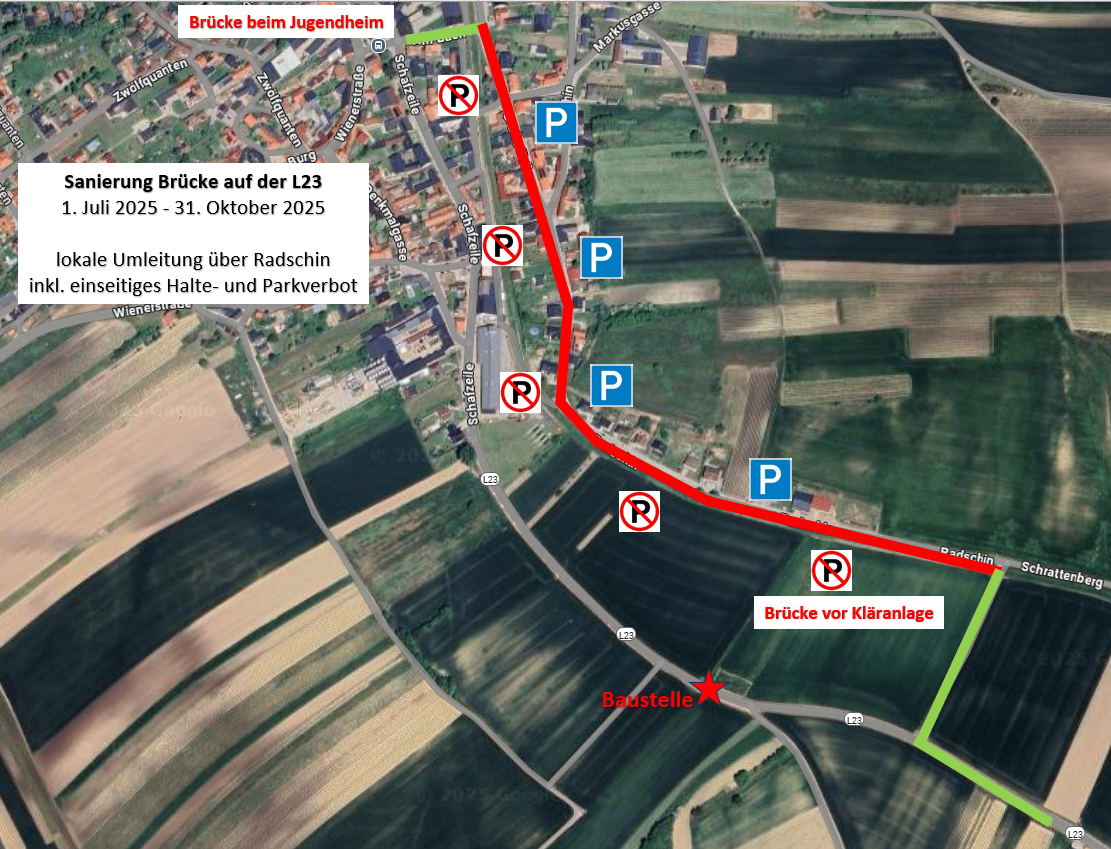 Karte zeigt Brückenbau auf der L23 von 2025 bis 31. Oktober 2025 mit Umleitungen über Radschin und Halte- und Parkvorbot. Rote Linien zeigen Umleitungen an.