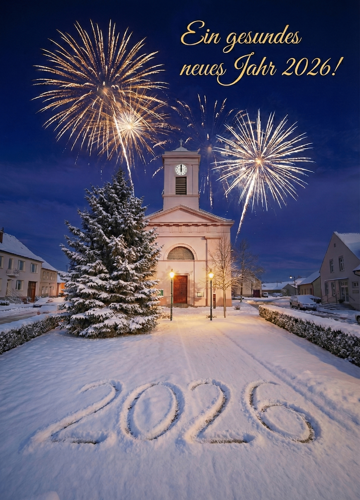 Feuerwerk explodiert über einer Kirche und einer '2020' aus Schnee auf dem Boden.