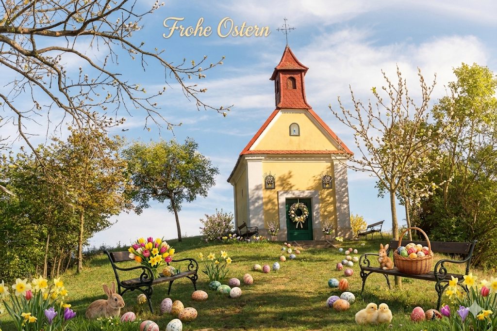 A colorful Easter scene with a small church in the background. The foreground is filled with Easter eggs and two rabbits.
