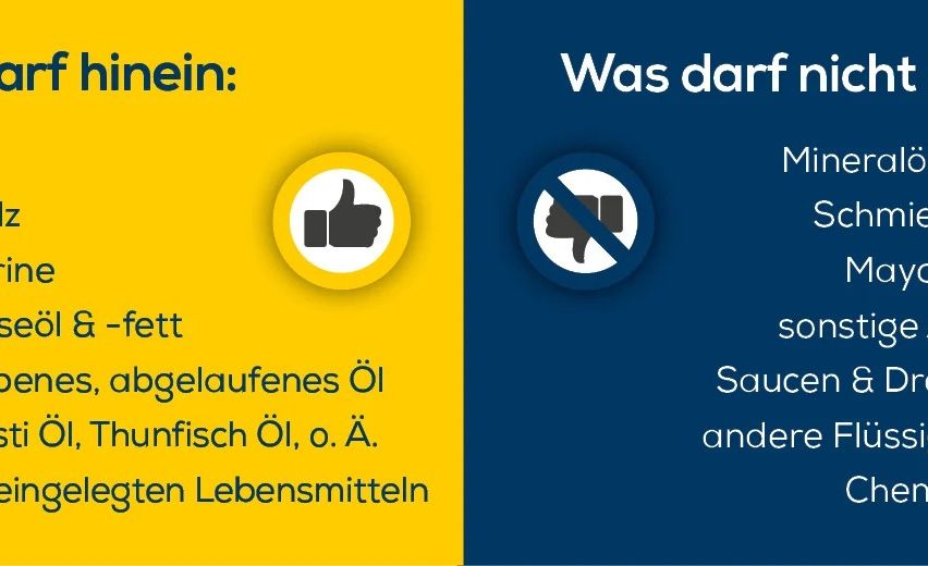 Das Bild zeigt eine gelbe und blaue Infografik, die in zwei Bereiche unterteilt ist. Der linke Bereich enthält einen genehmigten Gegenstand mit einem Daumen-hoch-Symbol. Der rechte Bereich listet Gegenstände auf, die nicht in einen Recyclingbehälter gegeben werden sollten.