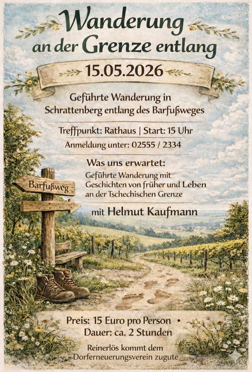 A guided walk in Schrattenberg along the Barefoot Trail. Meeting point: Town Hall. Start: 3 PM. Register at: 02555/2334. Expect a guided walk with stories from the past and present at the Czech border with Helmut Kaufmann.
