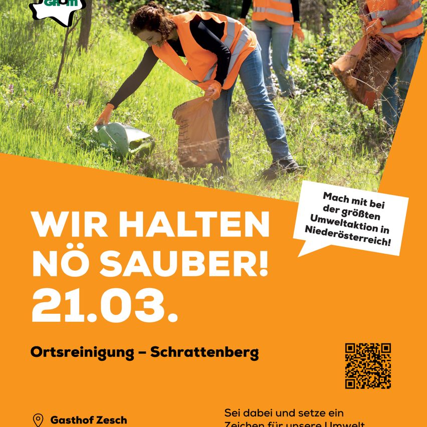Werbeposter für eine lokale Müllsammelaktion in Schrattenberg, Österreich, mit Freiwilligen beim Müllsammeln. Datum: 21.03. QR-Code für weitere Informationen.