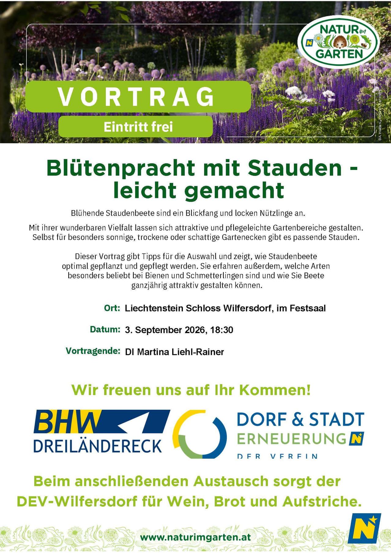Poster advertising a free lecture on flower-rich gardens with perennials, featuring a garden with purple flowers and green leaves, and information about the event's date, time, and speaker.