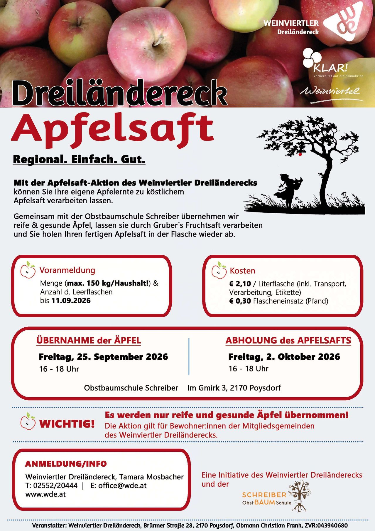 Poster for Dreiländereck Apfelsaft event. It features a silhouette of a tree with a child picking an apple, along with details about apple collection and cider pick-up dates. The poster is in German.