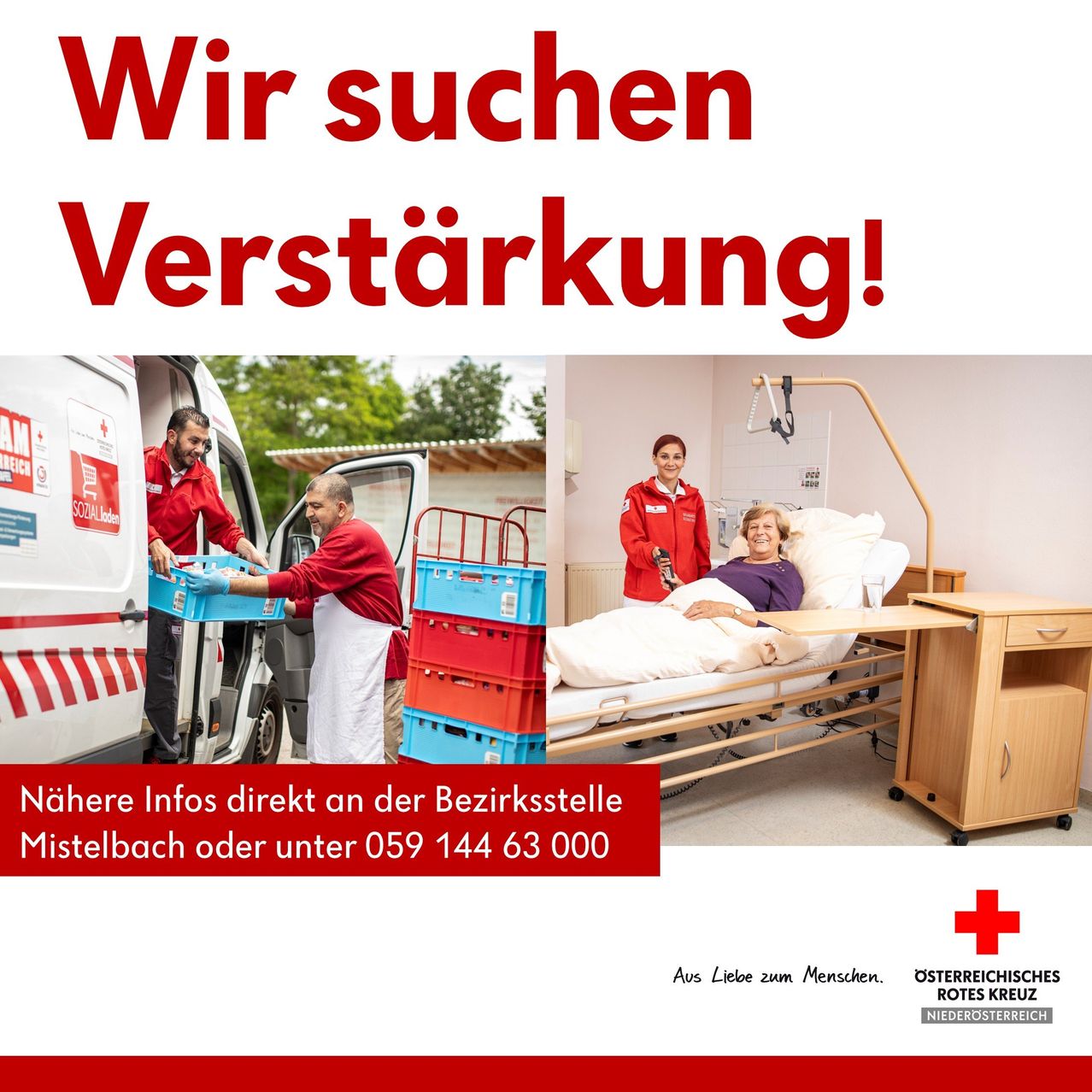 Advertisement for Red Cross recruitment. It shows two volunteers unloading supplies from a van and a volunteer attending a patient in a hospital. The text reads, 'We are looking for reinforcement!' with contact information.