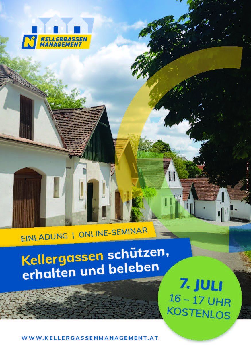 A poster shows an invitation for an online seminar about preserving and living with cellars on July 7th, 16-17. The buildings in the background are white with brown roofs and green accents.