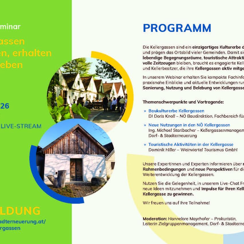 The image is an event poster for a webinar on cellars. It highlights a program, expert speakers, and live chat sessions. It also invites participation and registration.