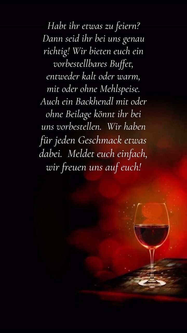 Ein Bild eines Weinglases mit rotem Wein auf dunklem Hintergrund mit einer Nachricht auf Deutsch über das Bestellen von Wein.