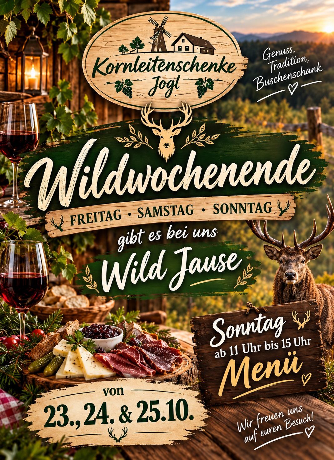 Ein Werbeplakat für ein Wochenendereignis mit einem Hirsch, Weingläsern und einem Menü. Der Text lautet 'Wildwochenende' und 'Wild Juse'.