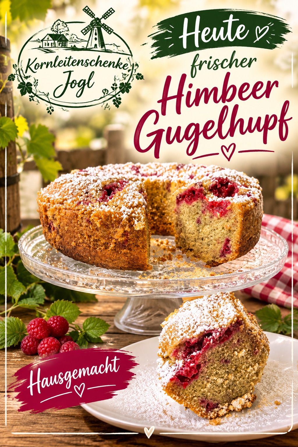 Ein Stück Himbeerkuchen mit Puderzucker bestreut, auf einem Glaskuchenständer mit einem Herzsymbol und dem Text 'Jogl Himbeer Gugelhupf' darüber.