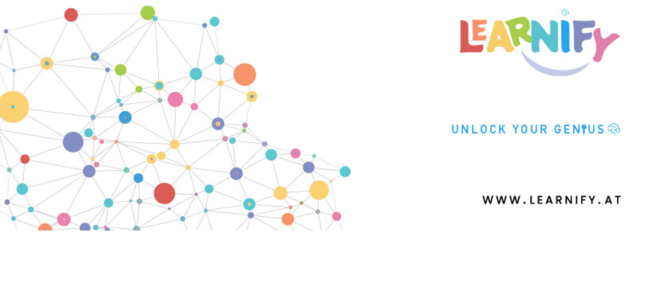 Ein Bild mit einem farbenfrohen Netzwerkdiagramm und dem Text 'Unlock your Gen' mit einem Website-Link 'www.learni'.