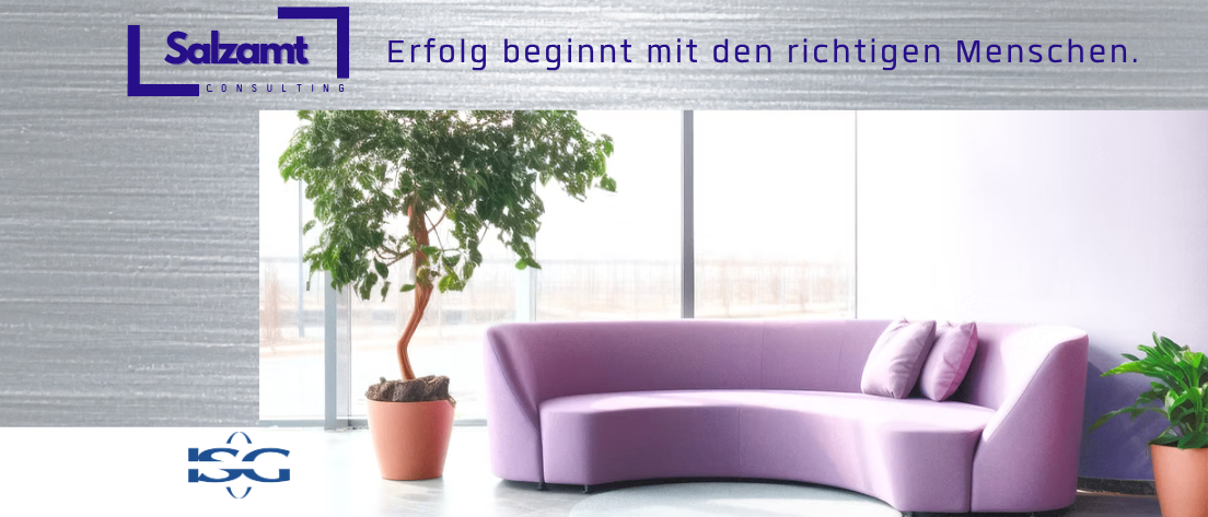 A purple curved couch with a pillow is next to a potted plant in front of a glass window. The Salzamt Consulting logo is on the left.