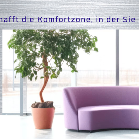 Eine lila Couch neben einem Topfbaum in einem Büro mit einem großen Fenster dahinter.