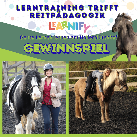 Ein Plakat für eine Lernveranstaltung mit zwei Fotos von Menschen mit Pferden. Ein Foto zeigt eine Frau neben einem schwarz-weißen Pferd, das andere zeigt eine Frau, die ein braunes Pony reitet. Der Text ist auf Deutsch.