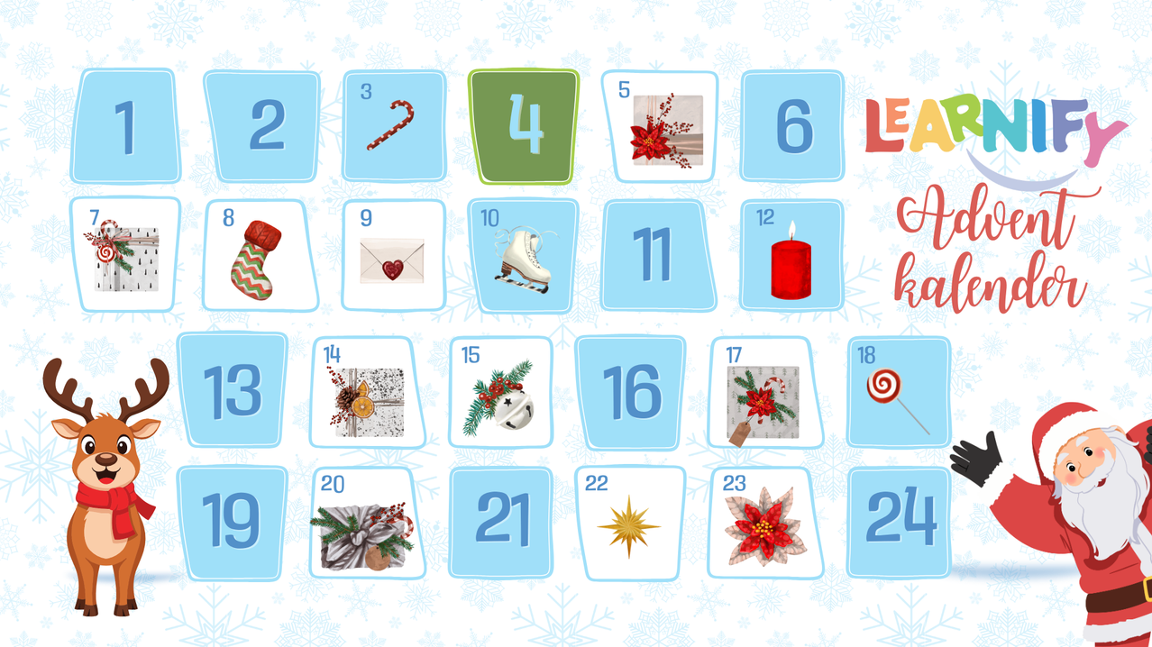Ein Weihnachtsadventskalender mit den Zahlen 1 bis 24. Jede Zahl hat ein festliches Symbol wie Zuckerstangen, Geschenke und Christsterne. Der Hintergrund ist weiß mit Schneeflocken.