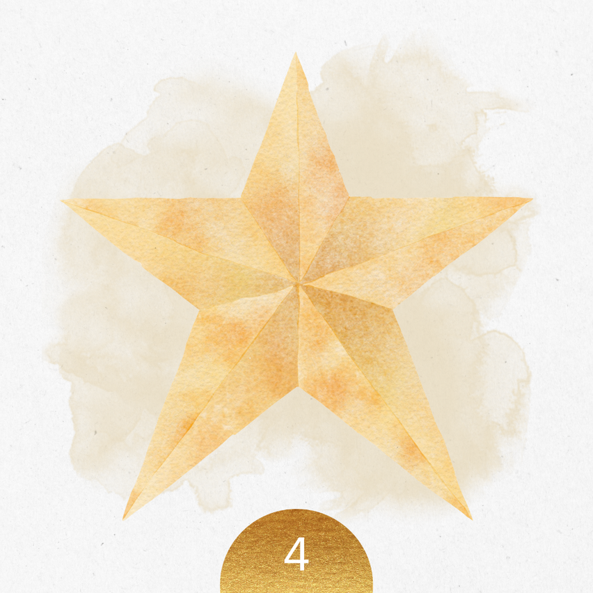 Ein goldener Stern mit fünf Spitzen auf einem beigefarbenen Aquarellhintergrund. Unter dem Stern befindet sich die Zahl 4 in Gold.